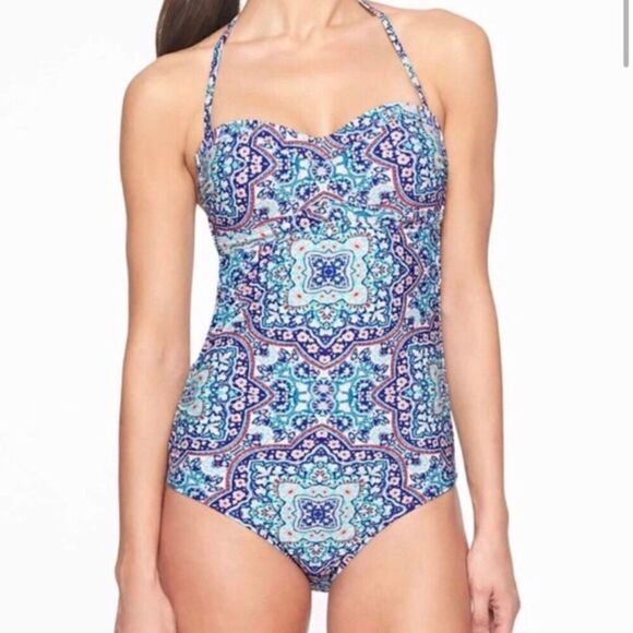 Athleta "Monaco Bandeau" Blue Teal Pasley One Piece Swimsuit size Medium - Picture 1 of 10